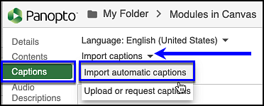 Panopto Import captions option