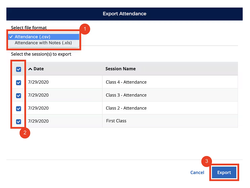 steps on exporting attendance data