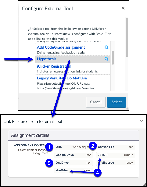 Hypothesis link resource from external tool option in Canvas