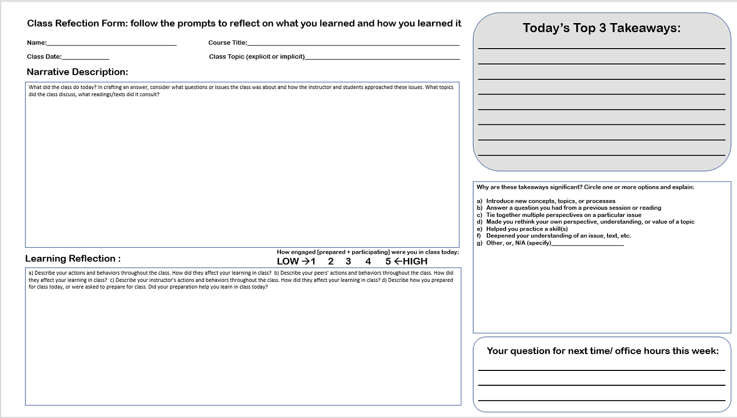 Reflection form for describing class actions, student actions, and take aways.