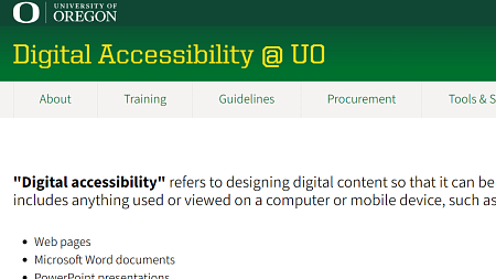 screenshot of Digital Accessibility at UO webpage