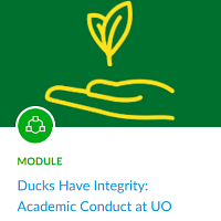 Thumbnail of Canvas module titled "Ducks Have Integrity" with green background, yellow hand holding leaf