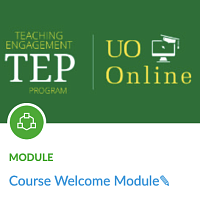 thumbnail of Canvas Commons "Welcome module"; above title are icons for TEP & UO Online 