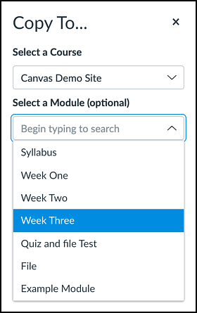 Canvas copy to select course and module
