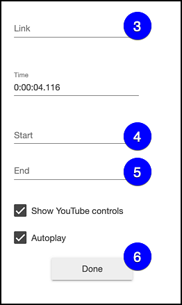 adding youtube video link and start and stop times