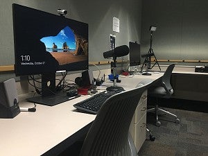 computer and microphone in edtech suite