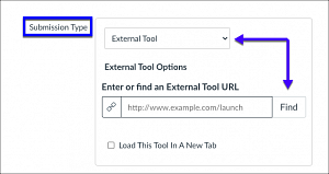 Canvas Submission Type options with "External Tool" and "Find" selected