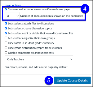 Canvas course details show recent announcements option