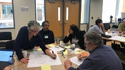 People sitting at two tables, talking and writing together.