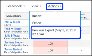 Screenshot showing a previous export in the Actions menu