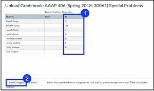 Screenshot of canvas display of grade changes from an import