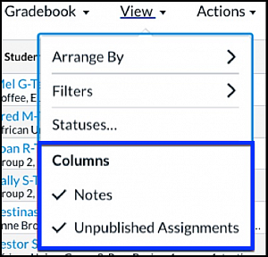 Gradebook View Menu Columns