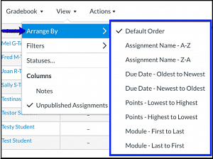 Canvas Gradebook View Option Arrange By Menu