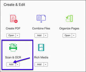 adobe acrobat create and edit menu with scan and ocr tool highlighted