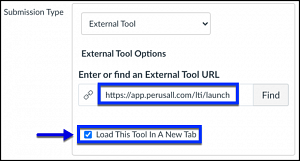 perusall url in canvas assignment and load in new tab checkbox