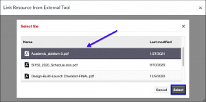 Dialog showing Canvas PDF files available to use in Hypothesis assignment