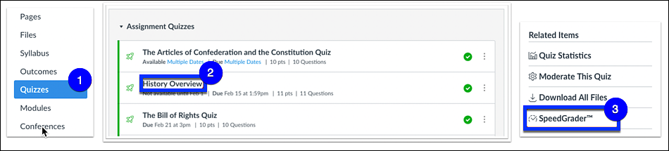 Selecting SpeedGrader in a Quiz