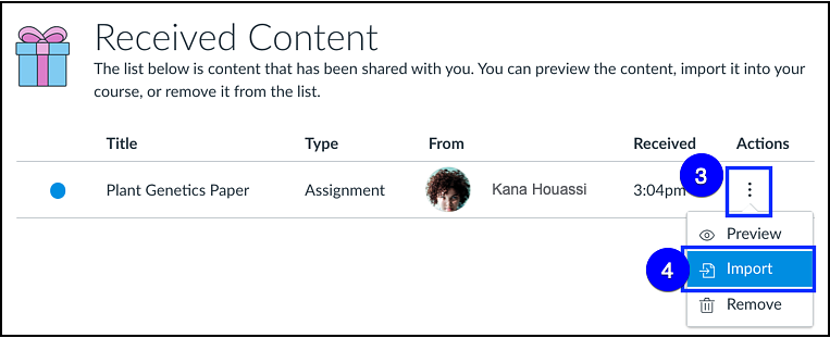 Canvas received content import content