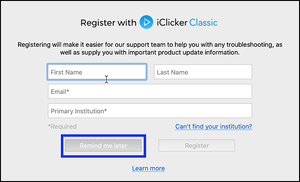 iclicker registration remind me later option