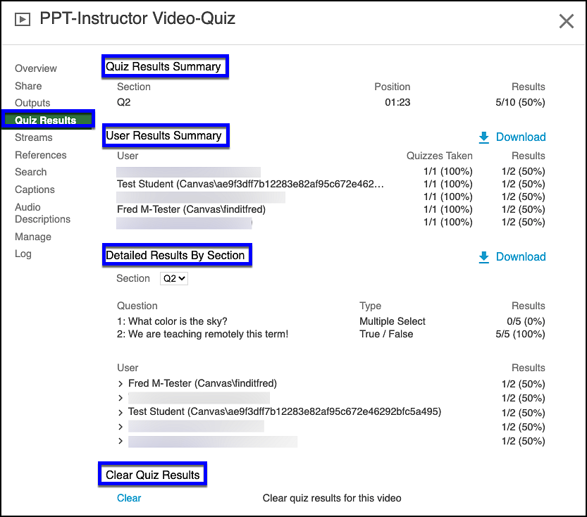 Panopto quiz results screen