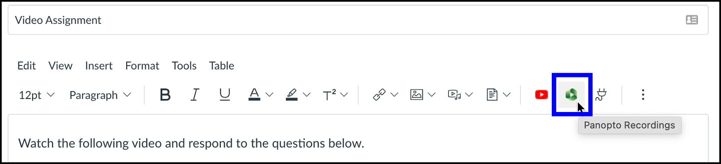 Rich Content Editor with Panopto icon highlighted
