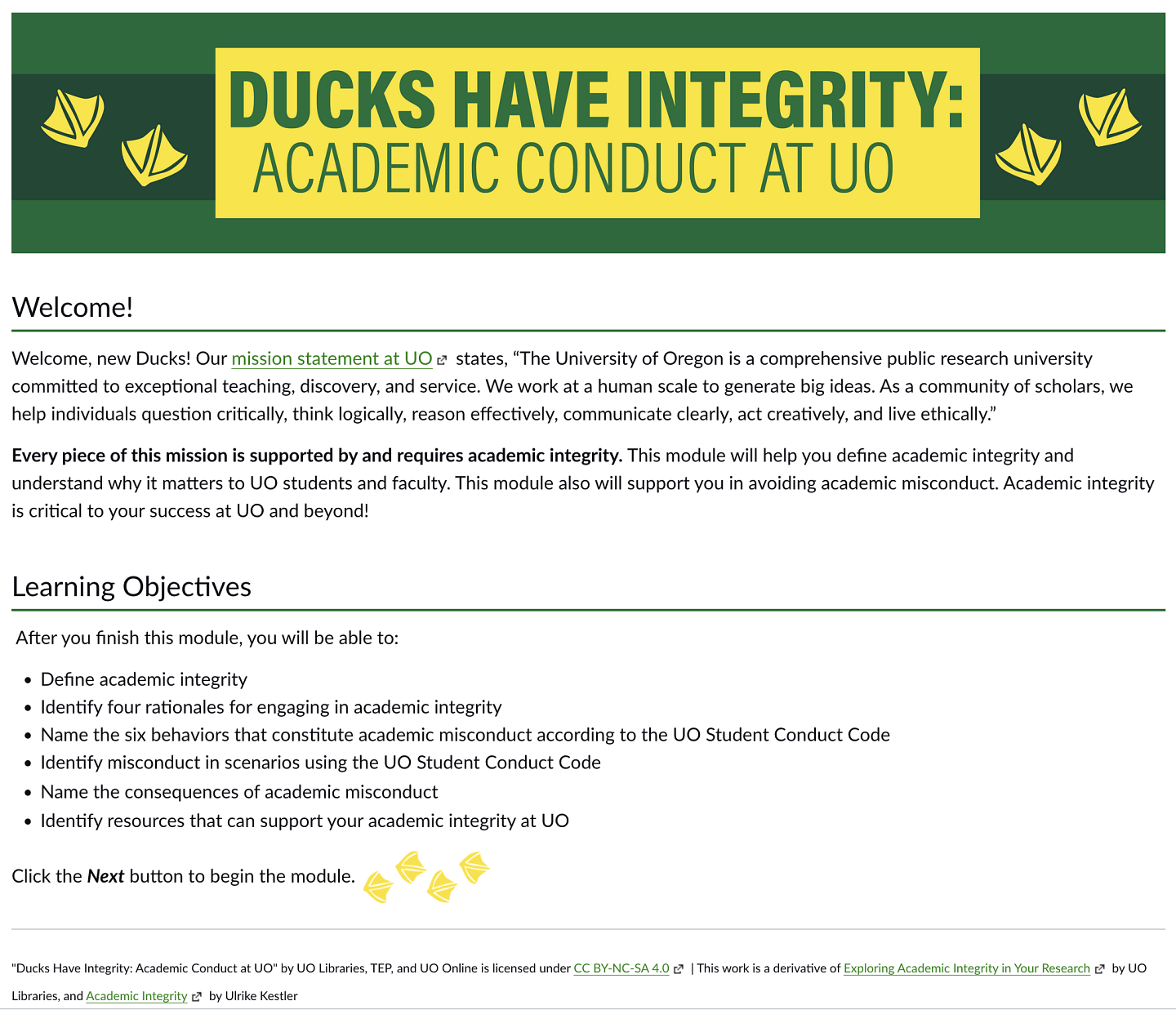 Graphical user interface featuring overview of Ducks Have Integrity Module