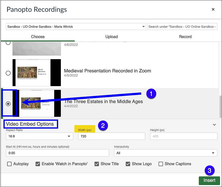 Adding Panopto video embed options